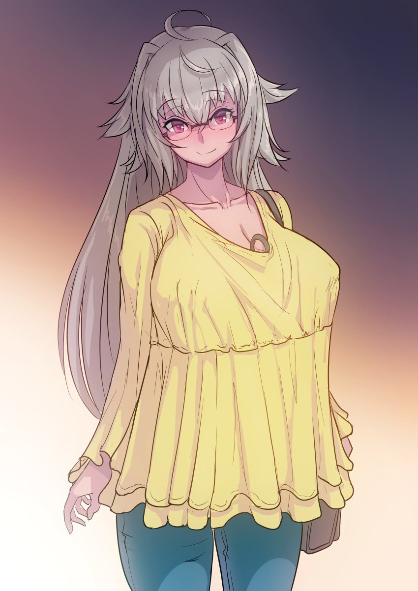 1futa aya_(thon2hk) bag big_breasts blue_jeans fully_clothed futa_urethral_insertion futanari glasses grey_hair jeans looking_at_viewer simple_background smile urethral_beads urethral_insertion urethral_penetration yellow_clothing