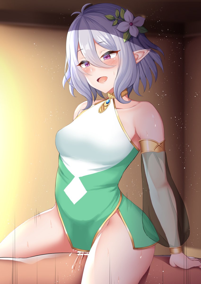 alternate_version_available bar_censor blush censored cowgirl_position cum ejaculation elf flower_in_hair kokkoro_(princess_connect!) motion_lines open_mouth princess_connect!_re:dive purple_eyes sex short_hair short_white_hair small_breasts white_hair