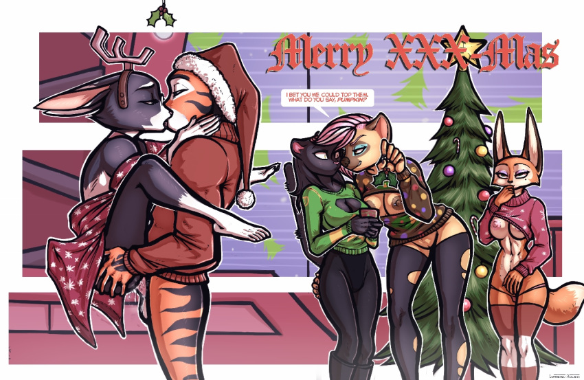 2019 anthro bad_id bottomless breasts candy candy_cane canid canine christmas christmas_tree clothed clothing dialogue felid female food fox fur glue_studios hand_on_butt holidays holly_(plant) hyaenid kissing lagomorph luraiokun male mammal masturbation meika_(rimba_racer) pantherine plant pussy rimba_racer sweater tag_(rimba_racer) tamira_(rimba_racer) tiger topwear torres_(rimba_racer) tree vyxx_(rimba_racer)