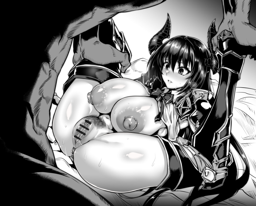 1boy absurdres anus areolae ass bangs bar_censor blush bottomless breasts censored female folded forte_(shingeki_no_bahamut) gggg granblue_fantasy greaves greyscale high_contrast highres horns huge_nipples imminent_sex large_breasts leg_grab legs_up long_hair lying monochrome navel nipples on_back parted_lips pauldrons pointless_censoring pubic_hair pussy pussy_juice sagging_breasts spread_legs straight sweat thighhighs