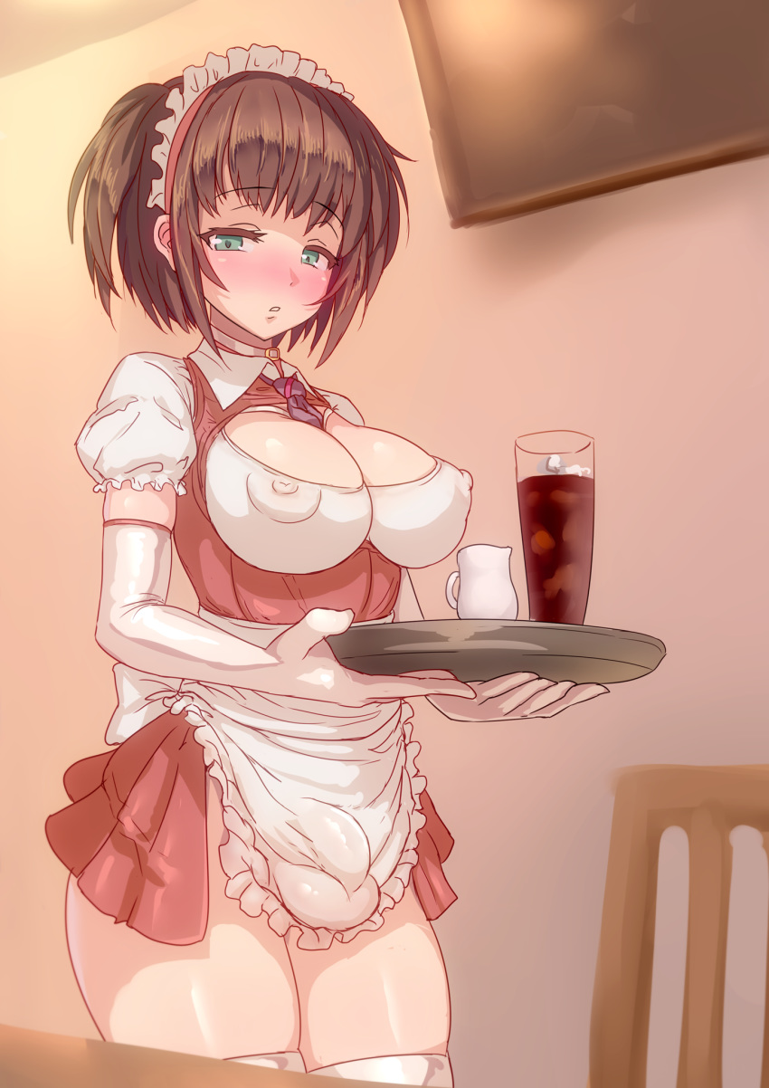 1futa aya_(thon2hk) big_breasts bulge cleavage coffee cup elbow_gloves flaccid futa_only futanari maid maid_headdress nipple_bulge serving_tray small_penis solo_futa thigh_highs thighhighs thighs tie