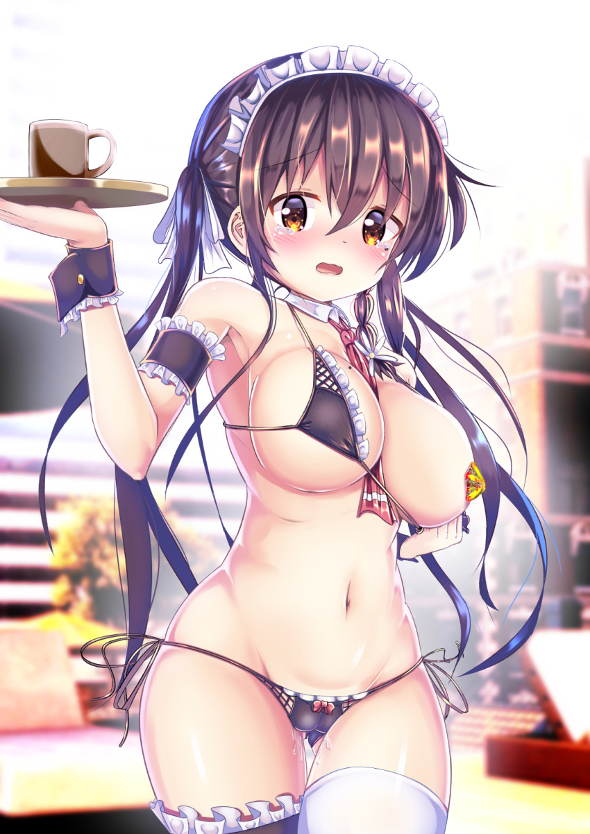 bikini blurry blush breasts brown_eyes brown_hair cameltoe collar crying crying_with_eyes_open cup depth_of_field eyebrows_visible_through_hair female hair_between_eyes highres large_breasts long_hair maid_bikini maid_headdress micro_bikini mole mole_on_breast mole_under_eye mug navel necktie open_mouth pasties pasties_exposed pussy_juice shirakawa_kokona swimsuit tears tray twintails utopia_(fantomubureibum2) watashi_no_tame_ni_nuginasai!