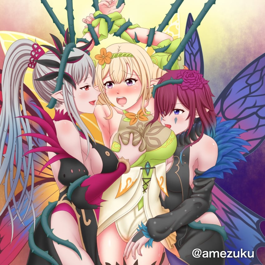 3girls amezuku arms_up big_breasts blonde_hair blue_eyes butterfly_wings elf fairy fire_emblem fire_emblem_heroes incest maroon_hair multiple_girls peony_(fire_emblem) plumeria_(fire_emblem) pointy_ears purple_eyes red_eyes restrained sisters triandra_(fire_emblem) white_hair yuri