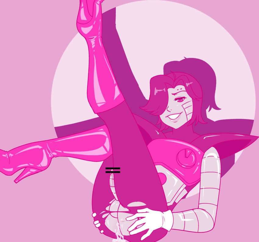 android censor_bar censored cum_in_ass girly hair_over_one_eye machine mettaton mettaton_ex penis pointless_censoring purple_background robo_whiskers robot smile solo torn_clothes undertale