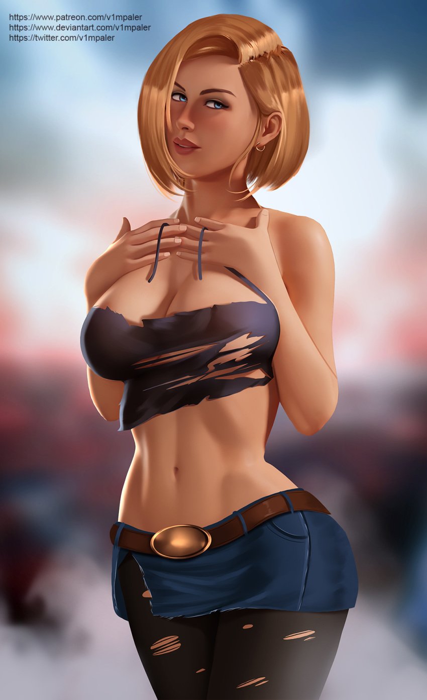 1girls android_18 big_breasts breasts dragon_ball dragon_ball_z female female_only large_breasts looking_at_viewer solo v1mpaler