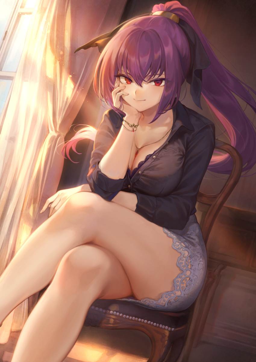 1girls alternate_costume bangs black_ribbon black_shirt blush bra bra_peek bracelet breasts buttons chair cleavage collarbone collared_shirt contemporary curtains fate/grand_order fate_(series) fringe grey_skirt hair_between_eyes hair_ribbon head_rest highres jewelry lace lace_bra legs_crossed long_hair looking_at_viewer mashu_003 naughty_face necklace pendant pink_hair ponytail purple_bra purple_hair red_eyes ribbon scathach_(fate) scathach_skadi seductive_look shirt sitting skirt smile solo thighs underwear window