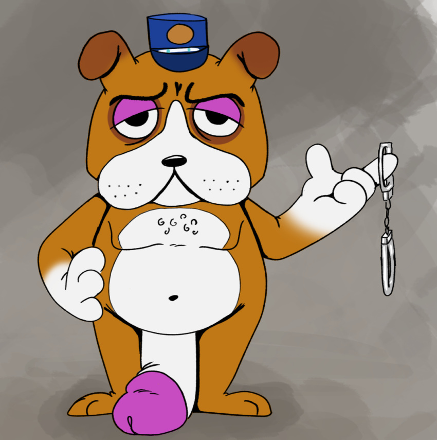 2020 animal_crossing anthro big_penis booker_(animal_crossing) canid canine clothing digital_media_(artwork) fur handcuffs hat headgear headwear hi_res huge_cock humanoid_penis male male_only mammal nintendo penis shackles simple_background solo video_games