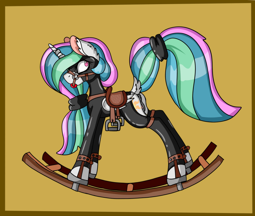 2020 alicorn anus ass ball_gag bondage bondage_furniture bound brown_background cuddlelamb cutie_mark equid feathered_wings feathers female feral friendship_is_magic gag gagged horn looking_at_viewer mammal my_little_pony princess_celestia_(mlp) pussy saddle simple_background solo wings