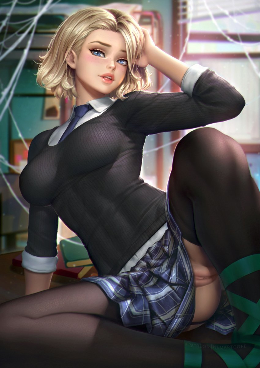 1girls artist_name ass_visible_through_thighs athletic black_socks blonde_hair blue_eyes busty eyebrow_piercing female female_only garter_belt gwen_stacy gwen_stacy_(spider-verse) hourglass_figure light-skinned_female light_skin marvel marvel_comics medium_breasts neoartcore no_panties pale-skinned_female pale_skin pinup pose posing school_uniform short_hair sitting skirt sleeves_rolled_up socks solo spider-gwen spider-man:_into_the_spider-verse spider-man_(series) stockings thick_thighs thigh_socks thighhighs tooth_gap upskirt watermark wide_hips