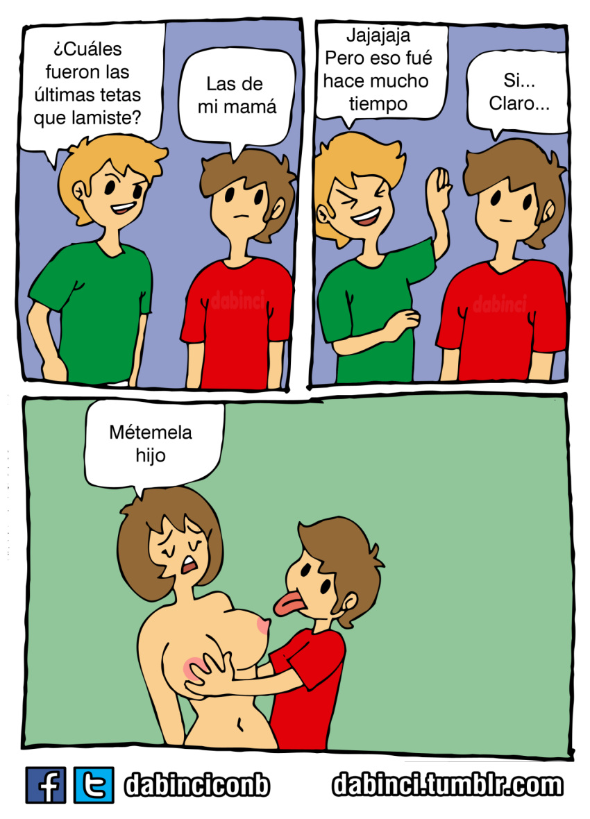 ... 1girls 2boys 3_panel_comic 5:7 :| ? age_difference alternate_version_available ambiguous_nudity artist_name big_breasts black_eyes blonde_hair blue_background breast_sucking brown_hair dabinci_con_b dialogue_bubble excited green_background green_clothing green_shirt imminent_sex incest mob_face mother mother_and_son no_bra no_shirt nude_female_clothed_male poring red_shirt simple_background son spanish_dialogue spanish_text text touching_breast uncensored uncensored_breasts