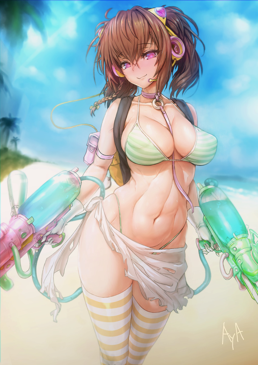 abs aya_(thon2hk) backpack beach brown_hair female headgear neck_ring panties smiling standing striped_bra striped_thighhighs thigh_highs thighhighs torn_clothes watergun