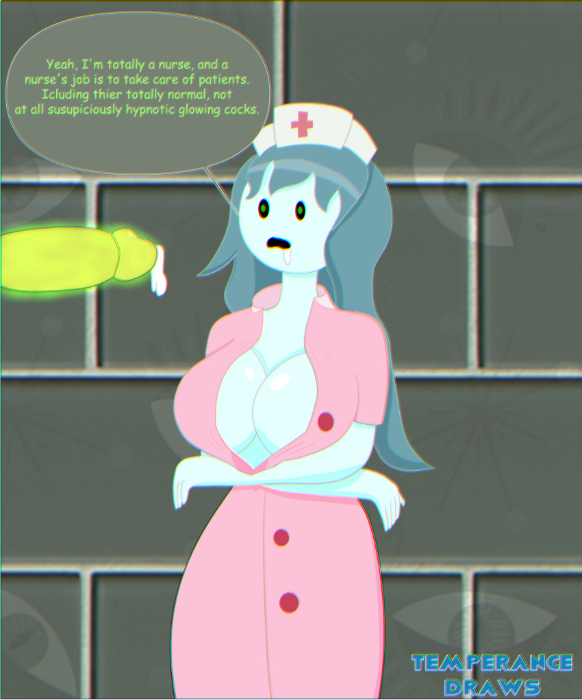 blue_hair blue_skin breasts cleavage cum cum_in_mouth disembodied_penis english_text female ghost ghost_girl glowing glowing_eyes glowing_genitalia glowing_penis hypnosis large_breasts long_hair mind_control nurse nurse_uniform spooky's_house_of_jump_scares spooky's_jump_scare_mansion spooky_(shojs) temperancedraws text text_bubble