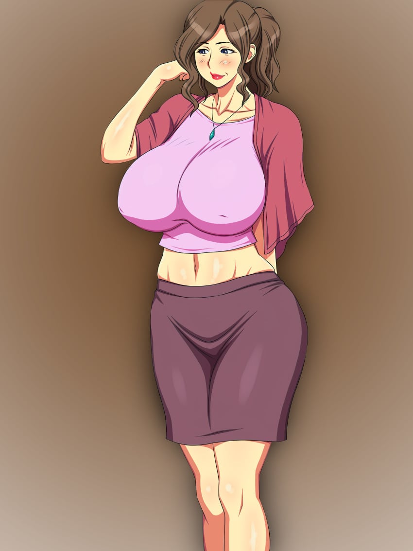 1girls belly big_breasts blue_eyes brown_hair female female_only hair hips huge_breasts large_breasts legs looking_away looking_pleasured mature mature_female mother skbgg yukijirushi_nyugyou