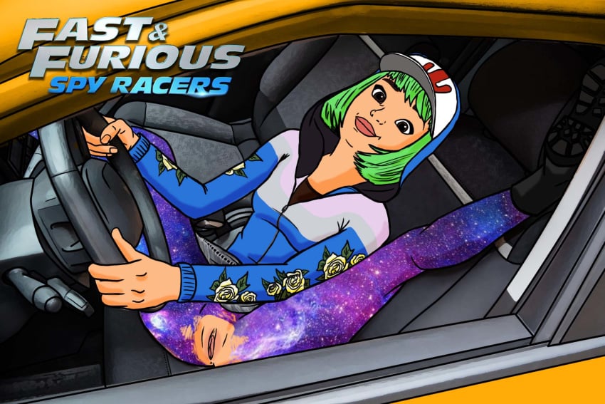 artist_request cap car driving echo_(fast_and_furious) fast_and_furious_(franchise) fast_and_furious_spy_racers female female_focus female_only green_hair hoodie looking_at_viewer netflix nylons spread_legs teenage upskirt