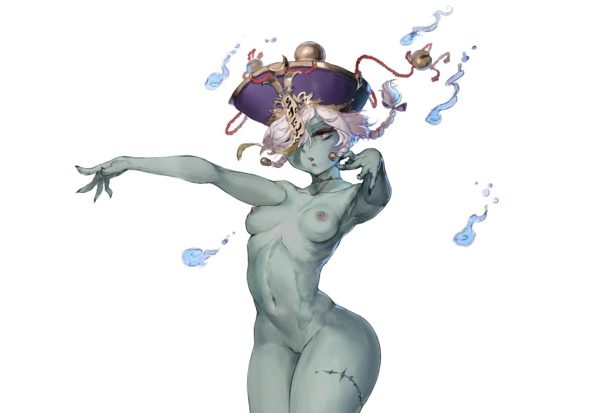 armpits braids breasts cropped cutesexyrobutts debauchery_in_caelia_kingdoms hat jiangshi magic nipples nude ofuda pussy red_eyes scar short_hair uncensored white white_hair