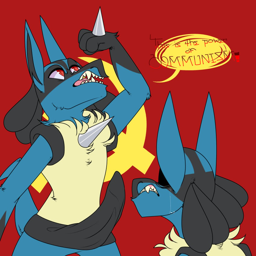 1boy ambiguous_gender anthro bulge canine communism duo erection furry lucario male mammal meme nintendo penis_outline pokemon pokemon_(species) pokemon_dppt politics source_request text video_games what