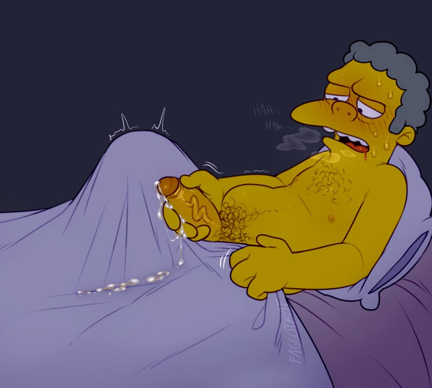 1boy bed blanket_grab chest_hair cum cum_on_blanket erect_nipples erection faggotrat foreskin glans gray_hair handjob heavy_breathing holding_penis human legs_apart looking_at_penis lying_on_back male male_focus male_only masturbation moe_szyslak motion_lines mouth_open nude on_bed penile_masturbation pillow pubic_hair retracted_foreskin saliva_drip slightly_chubby solo solo_male sweat the_simpsons thick_penis uncut veiny_penis yellow_skin