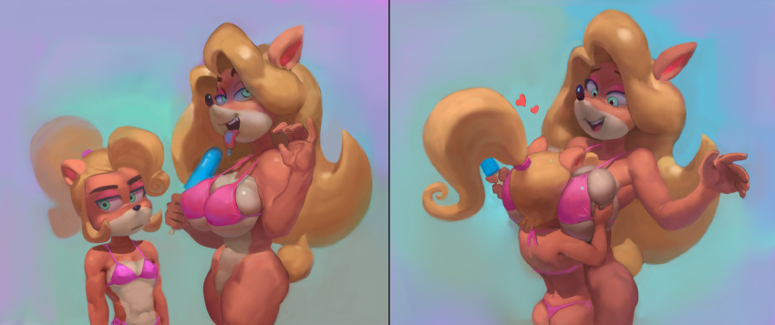 2girls anthro ass athletic bandicoot big_breasts bikini bimbo blonde_hair blue_eyes blush bottomless breast_smother breasts busty butt coco_bandicoot crash_(series) eyelashes eyeliner eyeshadow face_between_breasts female female_focus female_only fit flo_(artist) fur furry g-string gumdrops_(artist) hourglass_figure huge_breasts ice_cream large_breasts lipstick long_hair makeup motorboating navel overflowing_breasts pinup ponytail popsicle sexually_suggestive size_difference slim slim_girl small_breasts standing tawna_bandicoot teenager thong tied_hair tongue tongue_out wide_hips yuri