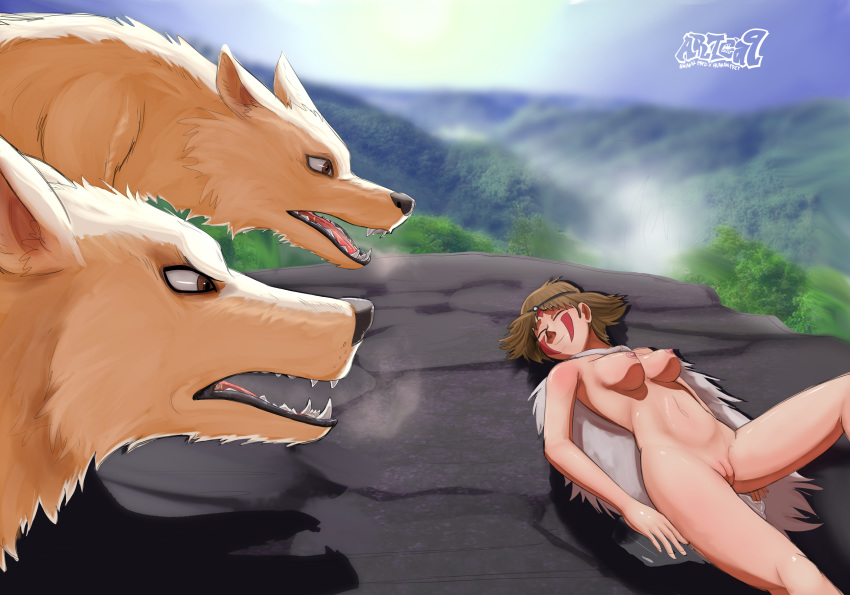 1girls artca9 breasts brown_hair canid canine canis casual domination female feral fur human light-skinned_female light_skin macro mammal nipples painted pale_skin princess_momonoke san short_hair studio_ghibli wolf wolf_pack