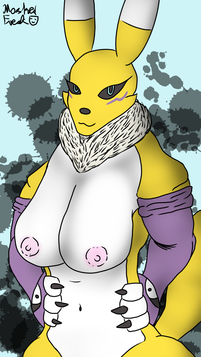 3_fingers big_ass big_breasts black_eyes blue_pupils claws digimon ears_up fox furry hands_on_hips looking_at_viewer maskedfreak pink_nipples purple_gloves renamon smile tail yellow_fur