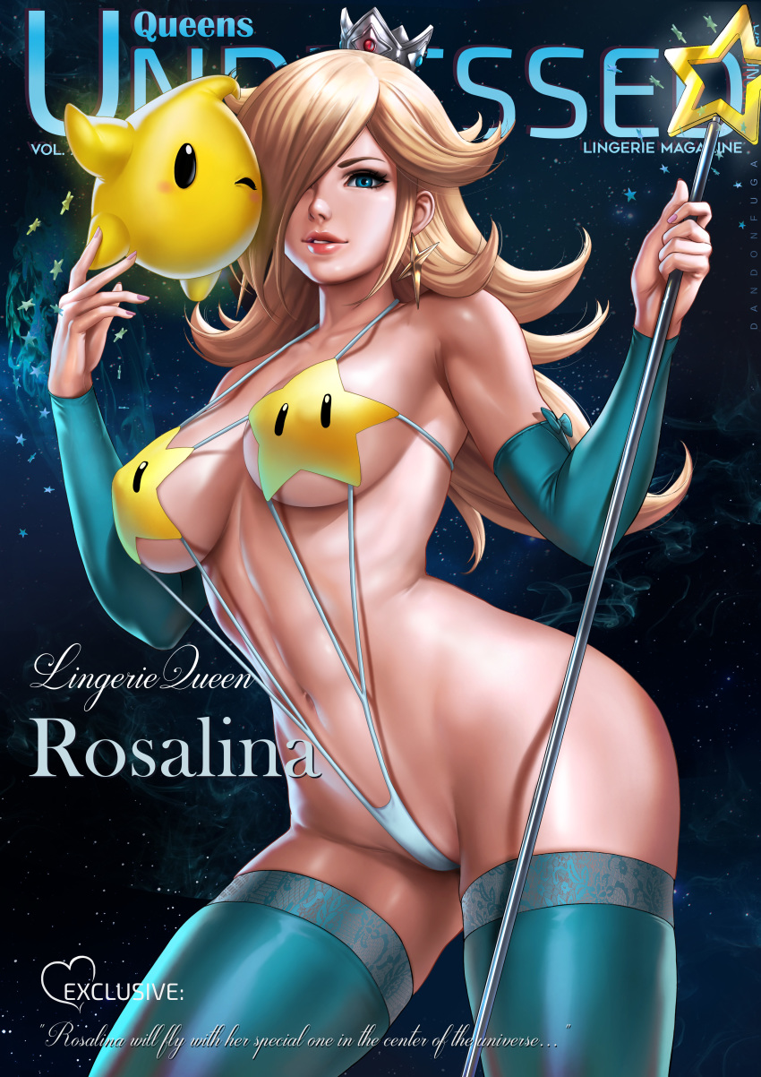 1girls bare_shoulders belly belly_button blonde_hair blue_clothing blue_eyes blue_thighhighs crown dandon_fuga elbow_gloves english_text female female_only highleg_swimsuit jpeg leaning_to_the_side legwear light_skin lingerie long_hair luma luma_bikini magazine_cover magic_wand mario_(series) navel nintendo one-piece_swimsuit one_eye_covered posing princess_rosalina shiny_clothes sling_bikini standing star star_earrings string_bikini super_mario_galaxy text thighhighs underboob wide_hips