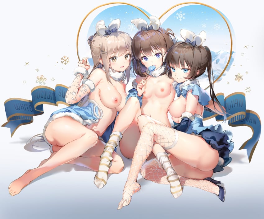 3girls anmi blonde_hair blue_eyes breasts brown_eyes brown_hair highres lollipop multiple_girls tagme