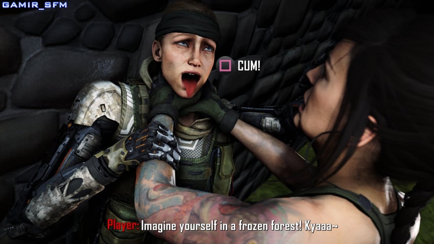 3d 4k ahe_gao ahegao arm_tattoo black_hair braid braided_hair call_of_duty call_of_duty_black_ops_3 choking clothed clothing crossover dialogue female gamir_sfm gloves hand_on_arm latina mara_(cod) modern_warfare source_filmmaker tattoo text tongue tongue_out