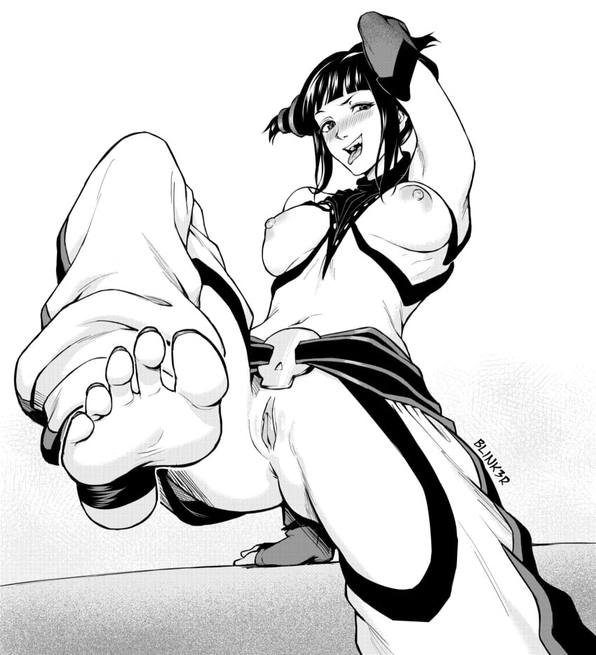 1girls 2d anus areolae barefoot belly blink3r blush breasts butt_crack feet female female_only foot_fetish juri_han looking_at_viewer monochrome nipples open_mouth pussy soles solo street_fighter toes tongue