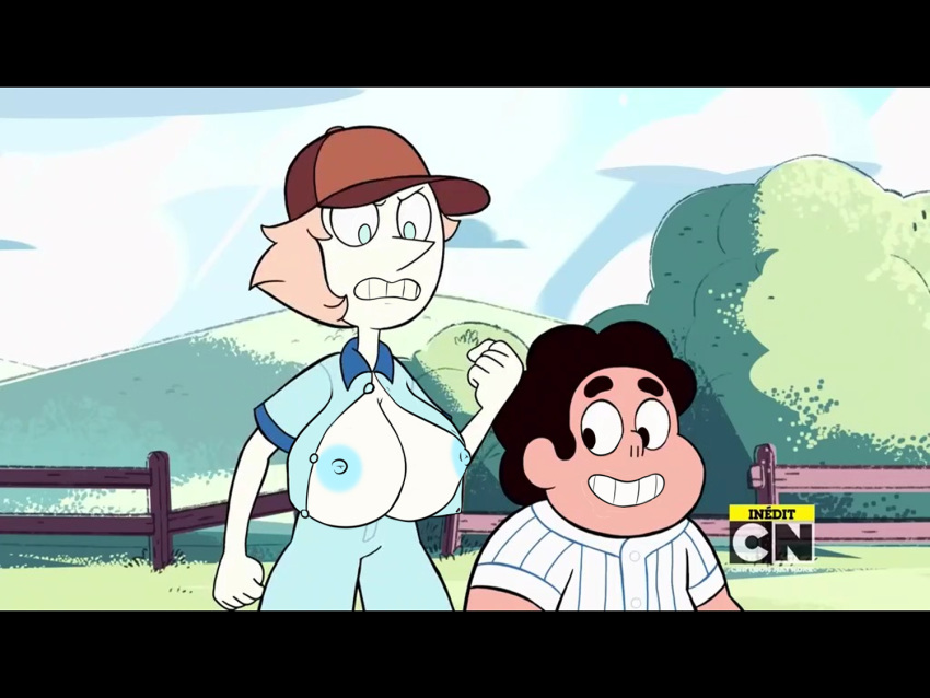 1boy 1girls accurate_art_style angry areolae baseball_cap big_breasts cartoon_network edit happy hit_the_diamond_(steven_universe) looking_down pearl_(steven_universe) screenshot screenshot_edit sportswear steven_quartz_universe steven_universe theeshrimp