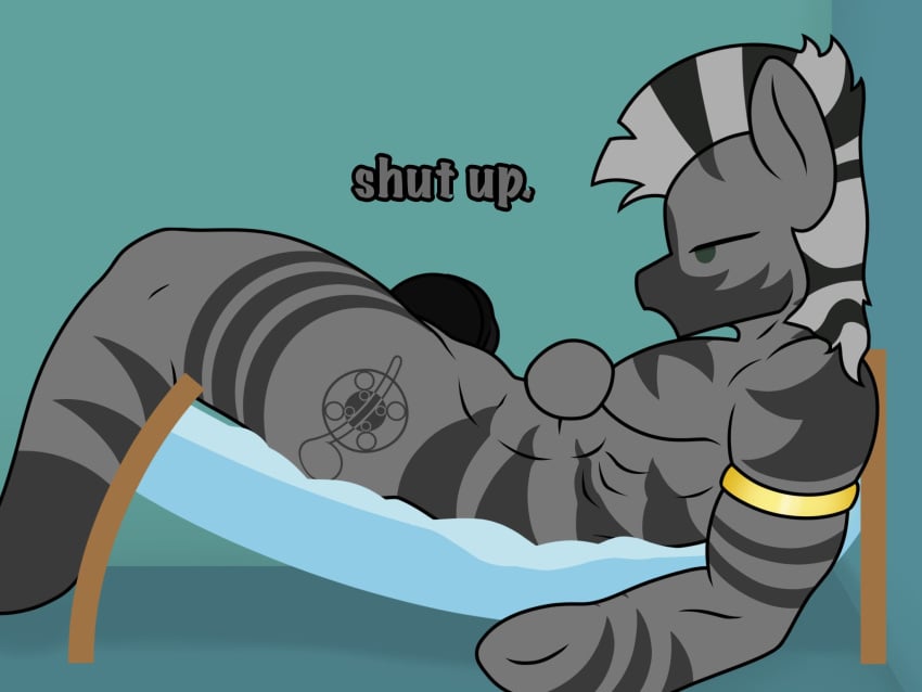 anthro ask_bottom_armor bed dialogue equid equine fan_character furniture lefthighkick male male_only mammal muscular muscular_male my_little_pony nude penis zebra