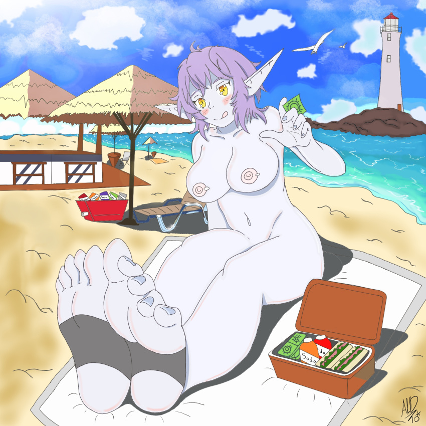 abyssallorddiscordia beach breasts condom demon feet female food foot_fetish foot_focus purple_hair toeless_socks