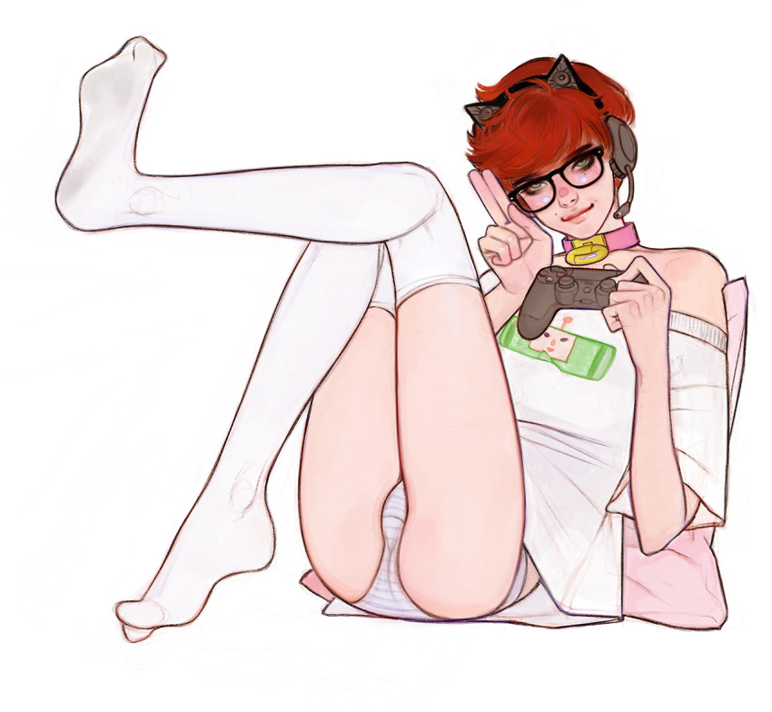 1boy blush bulge cat_ear_headphones collar cute femboy girly glasses kneehigh_socks makeup male male_only panties red_hair short_hair solo ulrik