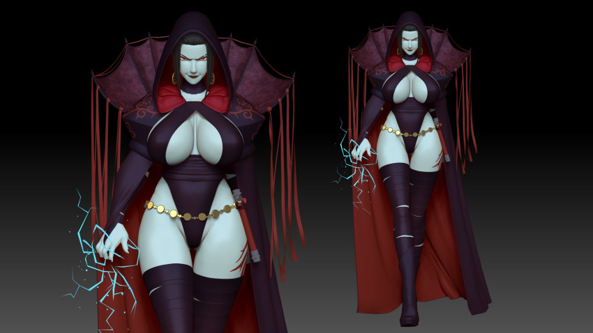 3d belt black_hair boots breasts busty cape cleavage cleavage_cutout curvaceous curvy earrings electricity evil evil_grin eyelashes eyeliner female female_focus female_only generalbuta hourglass_figure huge_breasts legband legwear leotard lighting lightsaber lipstick makeup mascara nail_polish pale-skinned_female pale_skin pinup pose posing red_eyes rey sith_empress sith_rey solo standing star_wars tagme tattoo tied_hair voluptuous wide_hips