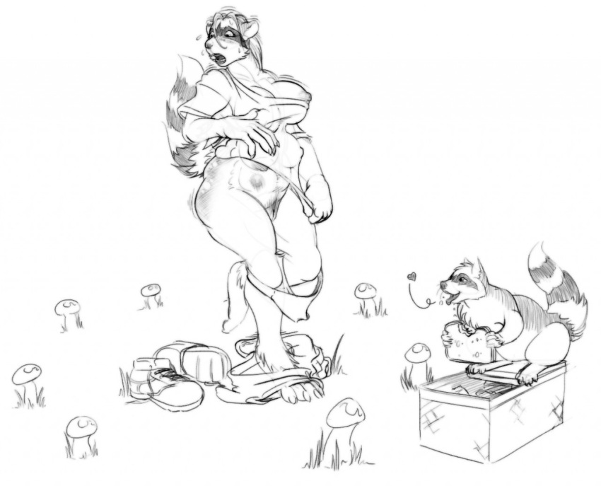 anthro big_nipples black_and_white breast_expansion clothing_on_floor female food huge_breasts multi_breast mushroom outdoors panties_down picnic picnic_basket pussy raccoon ripped_clothing sandwich soty transformation trembling