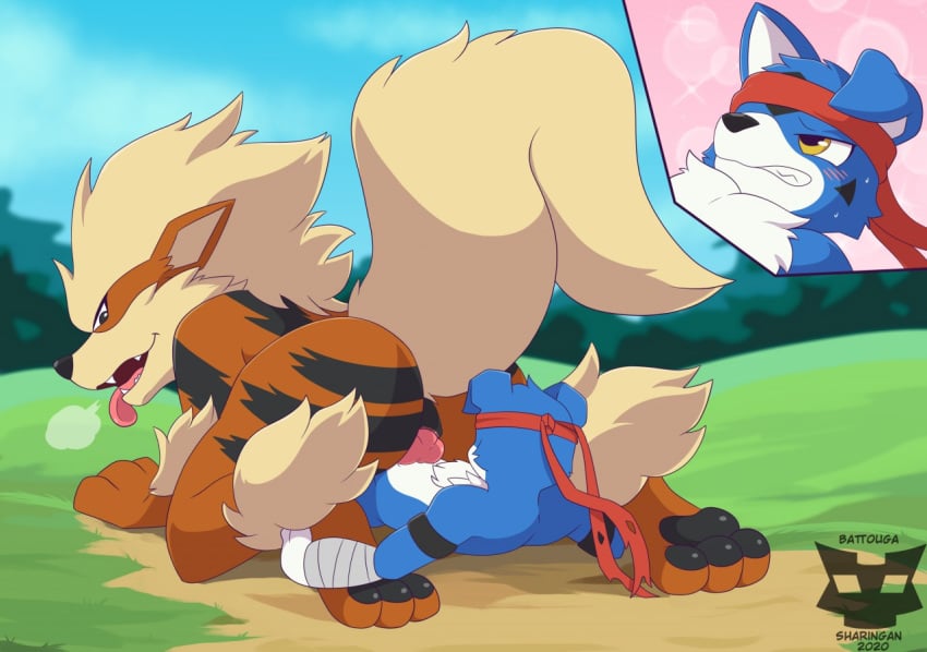 anal anal_sex animal_genitalia anthro anus arcanine ass battouga-sharingan blue_body blue_fur canid canine crossover detailed_background digimon digimon_(species) digital_media_(artwork) duo erection feral fur gaomon genitals grass knot male male/male male_penetrated male_penetrating male_penetrating_male mammal nintendo open_mouth outside penetration penis pokemon pokemon_(species) sex sky smile tongue tree video_games white_body white_fur