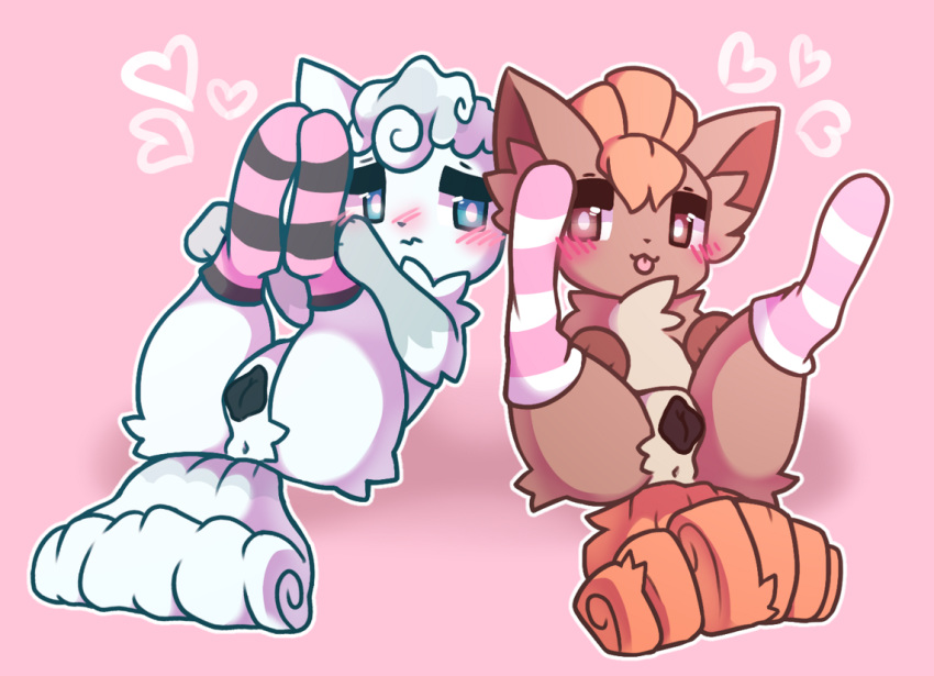 2020 2girls alolan_vulpix anatomically_correct anatomically_correct_pussy animal_genitalia animal_pussy anus blush canine_pussy chest_tuft clothed clothing digital_media_(artwork) duo embarrassed female feral furry half-closed_eyes heart legs_up legwear looking_at_viewer low_res lying nintendo on_back original_character paws pinup pokemon pokemon_(species) pokemon_rgby pokemon_sm pose presenting pussy shaded simple_background socks spread_legs spreading tongue tongue_out toony tuft vappypaws video_games vulpix wide_hips