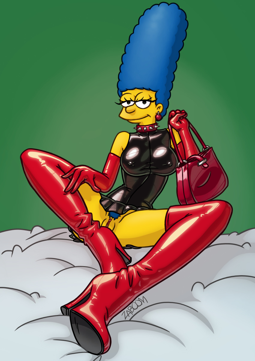 1girls blue_hair boots female female_only gloves handbag latex latex_boots marge_simpson patent_boot the_simpsons thighhighs vagina zaboom