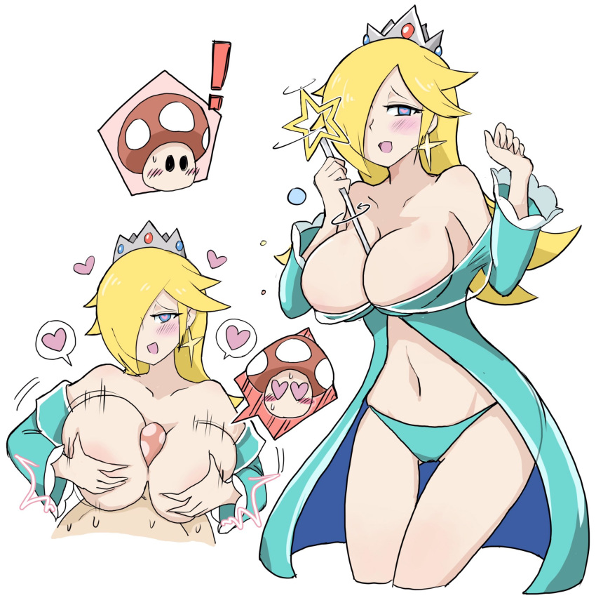 ! 1boy 1girls bare_chest bare_shoulders big_breasts blonde_hair blue_eyes blush breasts cleavage clothing covered_nipples crown earrings female hair_over_one_eye half-closed_eyes half-dressed hands_on_breasts heart heart-shaped_pupils heart_eyes highres huge_breasts human long_hair long_sleeves male mario_(series) motion_lines mushroom_penis navel nintendo open_mouth paizuri pale_skin panties penis penis_between_breasts princess_rosalina seductive_smile smile spoken_heart star_earrings super_mario_galaxy super_mushroom surprised thick thick_thighs thighs wand white-stew white_background wide_hips