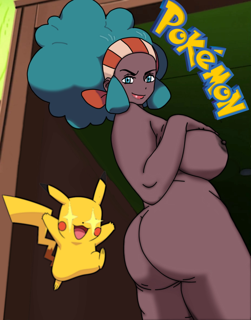 1boy 1girls afro ass big_ass big_breasts breasts dark-skinned_female deviantart edit goeniz green_eyes green_hair human human_only larger_female lenora_(pokemon) looking_at_viewer nintendo nude_female pikachu pokemon pokemon_(species) pokemon_bw pokemon_rgby red_lips side_view sideboob size_difference smaller_male smile tail taller_girl text thick_thighs touching_breast