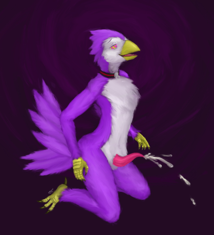 2019 animal_genitalia animal_penis anthro avian avian_penis biped bird bodily_fluids claws cum cumshot digital_media_(artwork) ejaculation erection feathers fingers forced_orgasm furry genital_fluids hands-free hi_res hypnosis looking_up male male_only mind_control nude open_mouth orgasm penis ringed_eyes simple_background smile solo spiral_eyes submissive submissive_male tapering_penis tongue