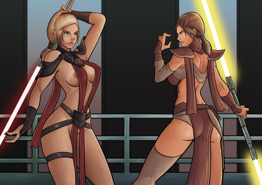 bastila_shan bioware female_only jedi knights_of_the_old_republic lightsaber loincloth lucasfilm ninnis nipple_slip nipples sideboob skimpy skimpy_clothes star_wars tagme