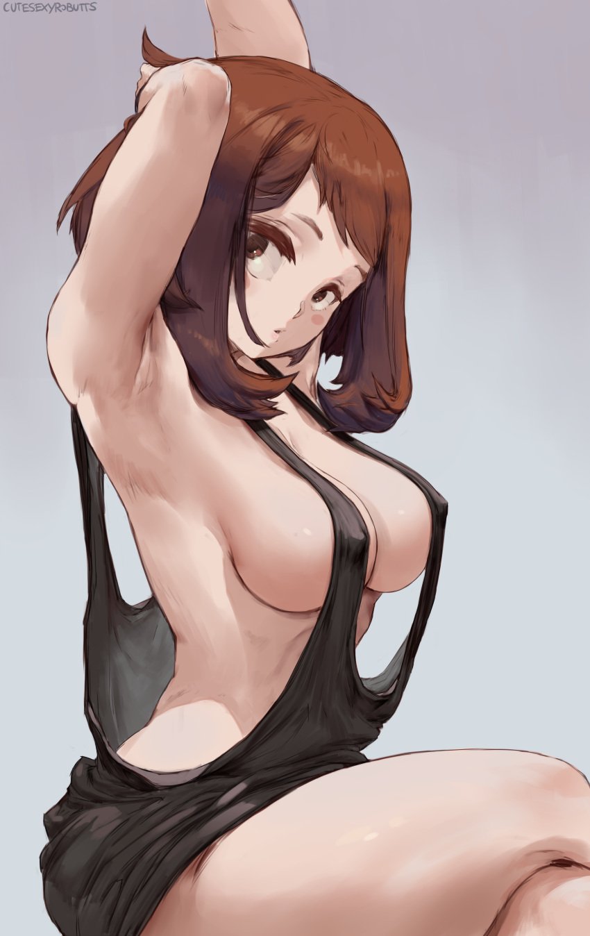 1girls 2d :o ? arm_above_head arm_behind_head armband armpits arms_up artist_name ass bare_shoulders black_dress black_shirt blush blush_stickers breasts breasts_apart brown_eyes brown_hair clueless cowboy_shot crossed_legs curvcaeous cutesexyrobutts dress erect_nipples erect_nipples_under_clothes female female_only gradient gradient_background high_resolution highleg huge_ass huge_breasts kneepits large_breasts light-skinned_female light_skin long_hair looking_at_viewer lying medium_breasts midriff my_hero_academia nipple_bulge nipples no_bra ochako_uraraka on_back parted_lips patreon pillow pose purple_background shirt short_hair shounen_jump sideboob signature simple_background sitting solo thick_thighs thighs underboob watermark wide_hips