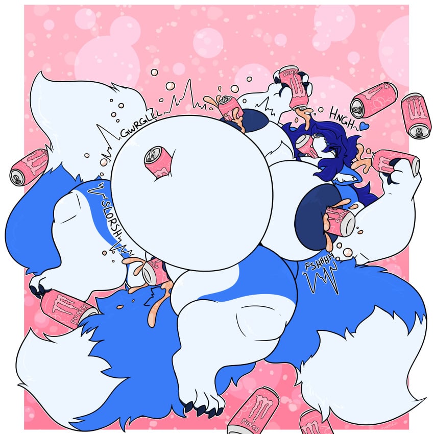 1:1 2020 absurd_res ahe_gao areola belly beverage big_areola big_belly big_breasts blue_body blue_eyes blue_fur blue_hair blue_nipples breasts can canid canine cheeki deep_navel digital_media_(artwork) drinking facial_piercing female female_focus fox fur hair heart hi_res inflation looking_pleasured mammal monster_energy multi_tail navel navel_depth navel_fetish navel_penetration navel_poke nipple_penetration nipples nose_piercing penetration piercing pussy solo vaginal_penetration vaginal_penetration white_body white_fur