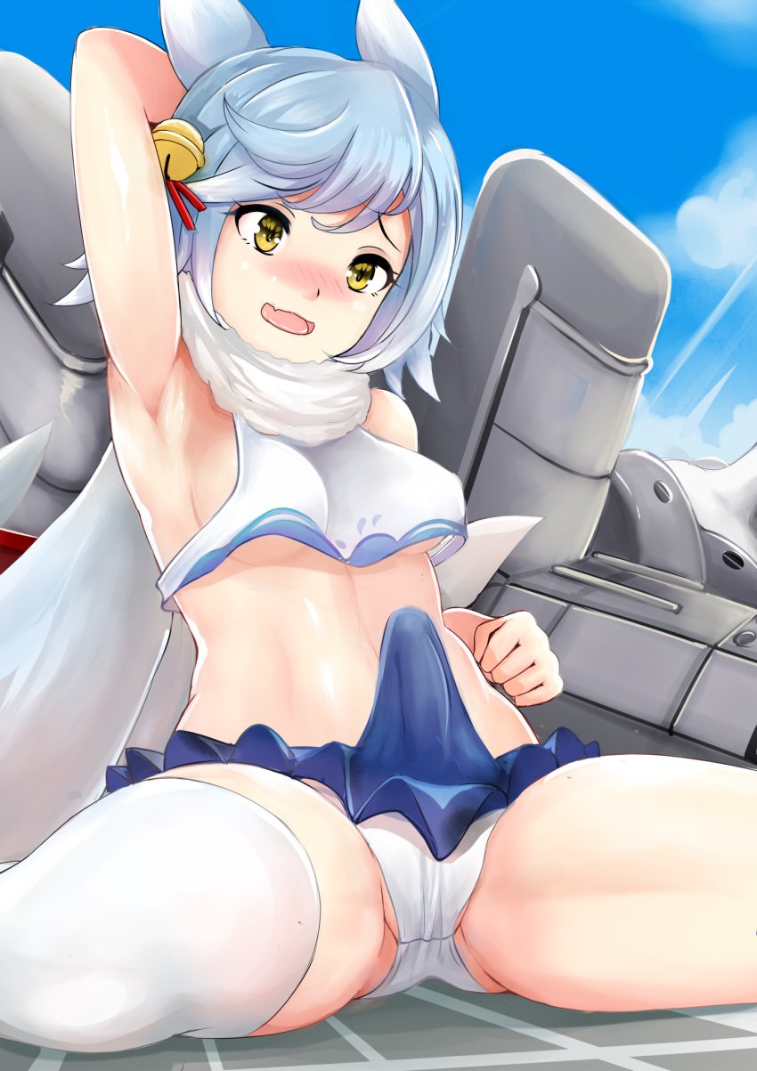 1futa animal_ears arm_up armpits azur_lane blue_hair blue_skirt bulge clothed clothing edited erect_penis erection erection_under_clothes fox_ears fox_tail fubuki_(azur_lane) futa_only futa_sans_balls futanari giantess highres human light-skinned_futanari light_skin machinery mostly_nude nonoririn oerba_yun_fang pale_skin panties penis pleated_skirt scarf short_hair single_thighhigh sitting skirt solo spread_legs tail thighhighs underwear white_legwear white_panties white_scarf yellow_eyes