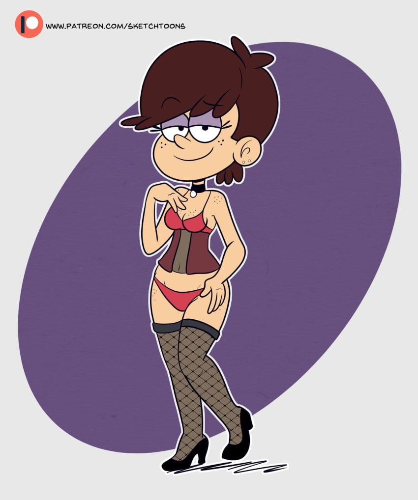 1girls breasts brown_hair eyebrows_visible_through_hair female female_only fishnets freckles half-closed_eyes high_heels lingerie luna_loud panties short_hair sketchtoons small_breasts solo stockings straight_hair the_loud_house thighs