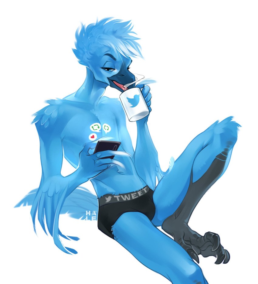 1boy 1male 4_toes 5_fingers artist_name artist_signature beak bird bird_feet blue_eyes blue_feathers blue_fur blue_hair boxers briefs bulge cellphone coffee drinking feathers fit furry gay hale. male male_only mostly_nude on_phone open_mouth phone shirtless smile solo solo_focus solo_male tail tail_feathers talons thin topless topless_male tweeter tweetfur twink twitter twitter_bird twitter_logo underwear watermark