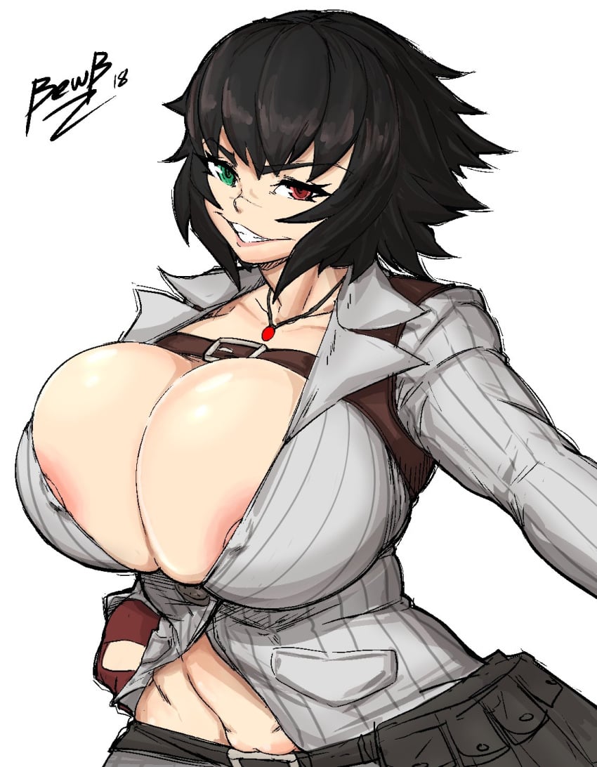 1girls 2d areolae belt bewbchan big_breasts black_hair blouse breasts bursting_breasts cameltoe cleft_of_venus devil_may_cry devil_may_cry_4 edit female female_only gloves grin heterochromia huge_breasts lady_(devil_may_cry) large_breasts looking_at_viewer necklace nipples nipples_visible_through_clothing plain_background pockets simple_background skirt smile smiling solo third-party_edit white_background