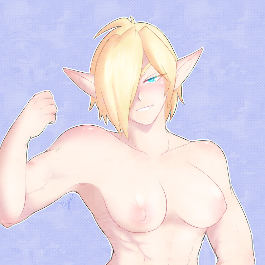 1boy abs areolae blonde_hair blood_elf blue_eyes breasts elf elf_ears erect_nipples flexing high_elf male male_only male_with_breasts medium_breasts messa_polarpaw muscular_male nipples nude pointy_ears short_hair soft_paws upper_body warcraft world_of_warcraft