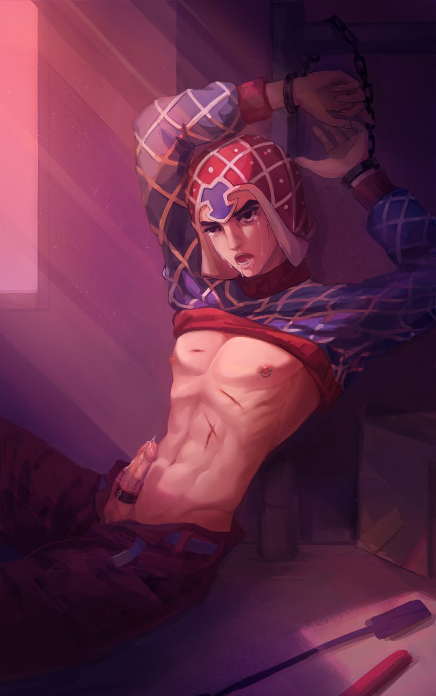 1boy crying cum_on_penis cumming ejaculation guido_mista handcuffed handcuffs hands_behind_head handsfree_ejaculation hard_nipples human human_only jojo's_bizarre_adventure left_alone male_focus male_only mouth_open nipples penis_out restrained scars shirt_lift vento_aureo vibrator vibrator_on_penis vulnerable yu_yu_(artist)