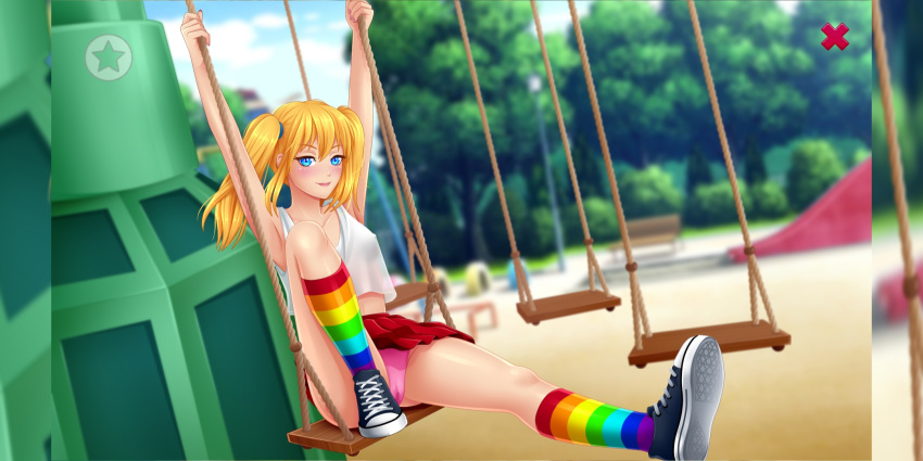 1girls blonde_hair blue_eyes fap_ceo lizzie_(fap_ceo) looking_at_viewer panties petite petite_body petite_female playground ponytail small_breasts stockings swinging